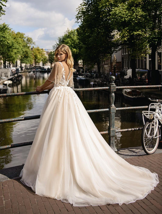 Flutter Sleeve A Line Wedding Dress With Lace "2416" by Maria Anette from the back
