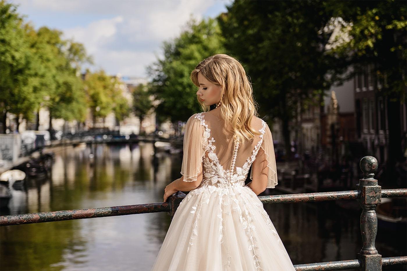 Flutter Sleeve A Line Wedding Dress With Lace "2416" by Maria Anette from the back