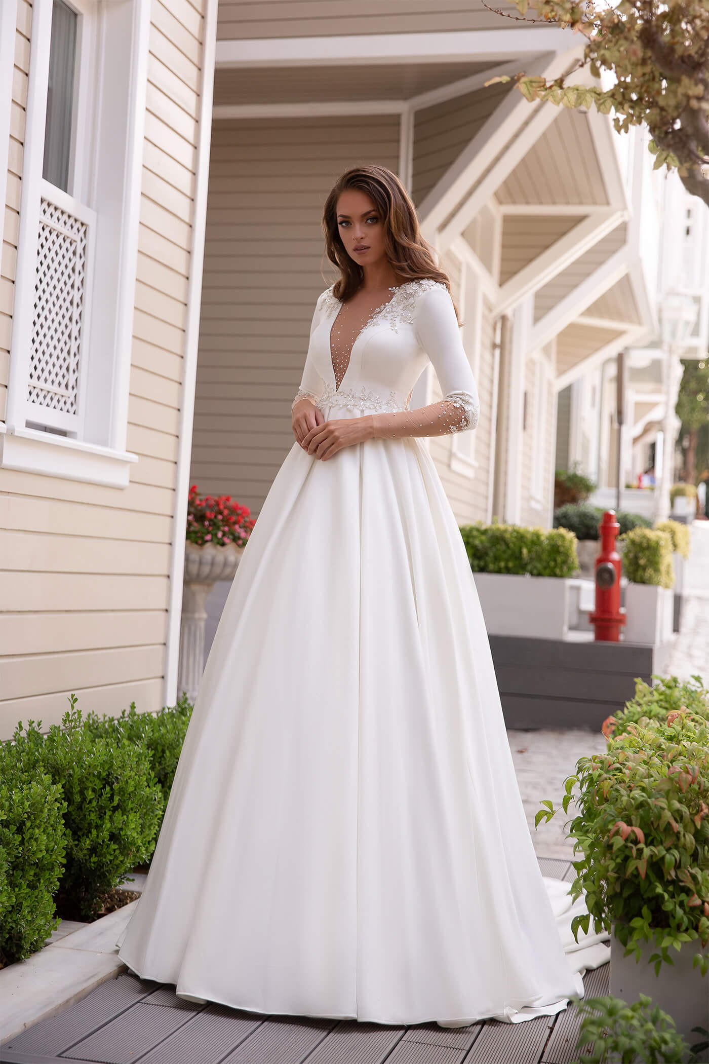 Simple Long Sleeve Crepe A Line Wedding Dress - 5204 Simple Long Sleeve Crepe A Line Wedding Dress - 5204