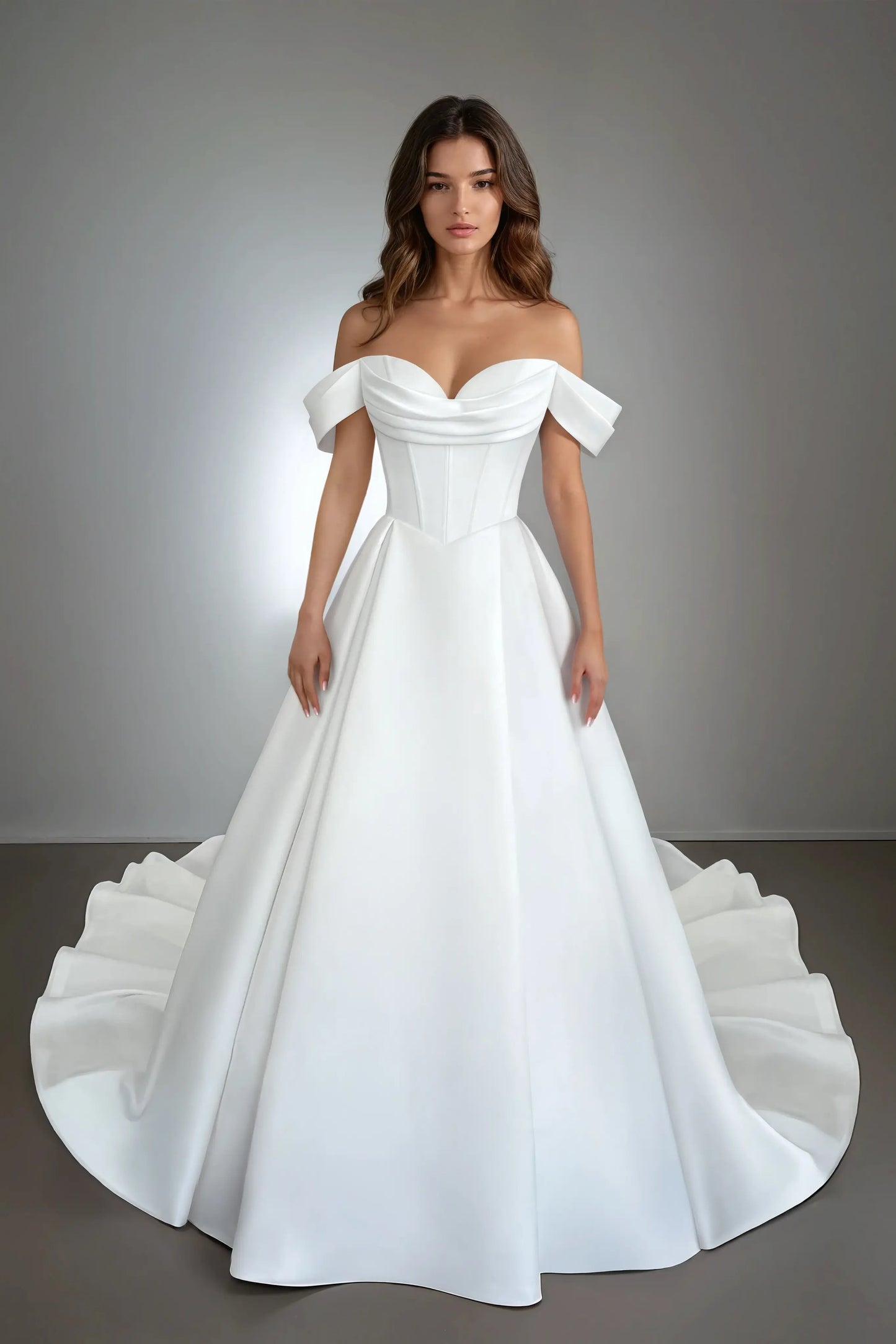 Full-length front view of the Solana A-line wedding dress featuring a sweetheart neckline, off-the-shoulder straps, drop waist, and satin fabric.