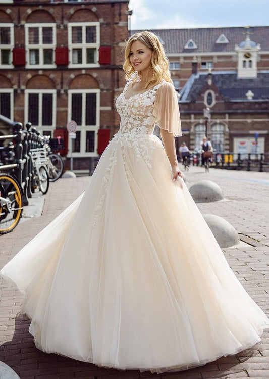Flutter Sleeve A Line Wedding Dress With Lace "2416" by Maria Anette from the front