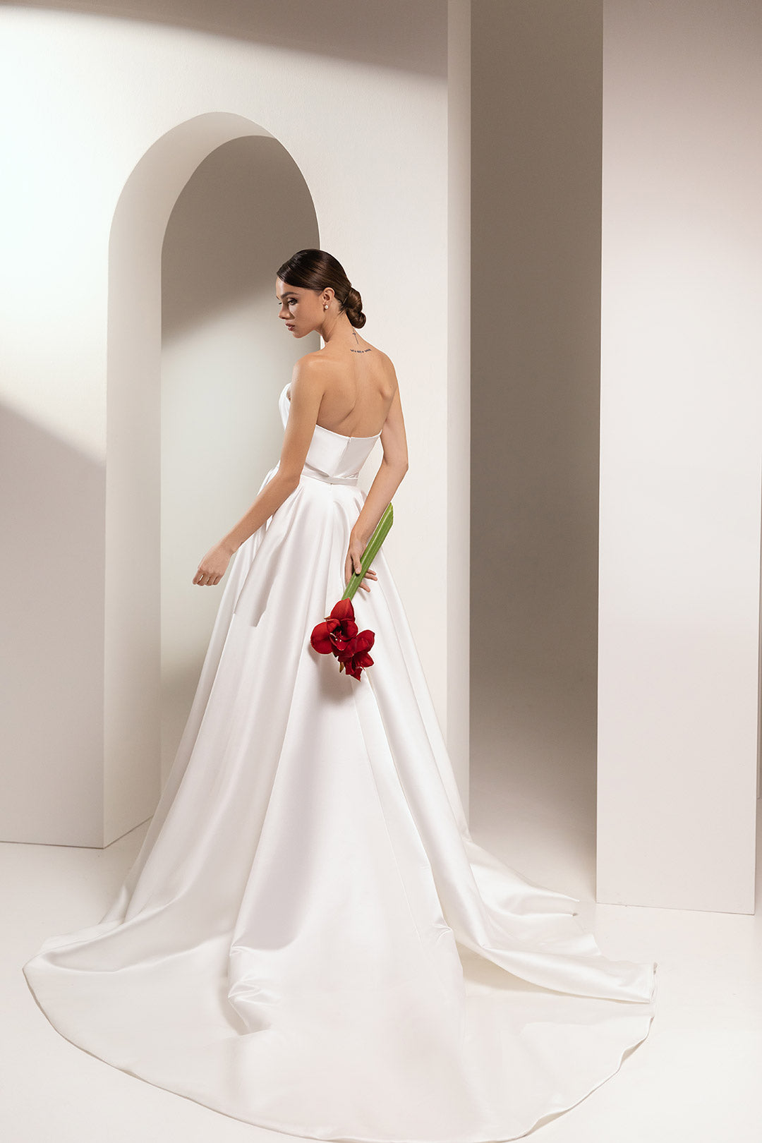 Strapless Satin A Line Wedding Dress With Pearls Adilia