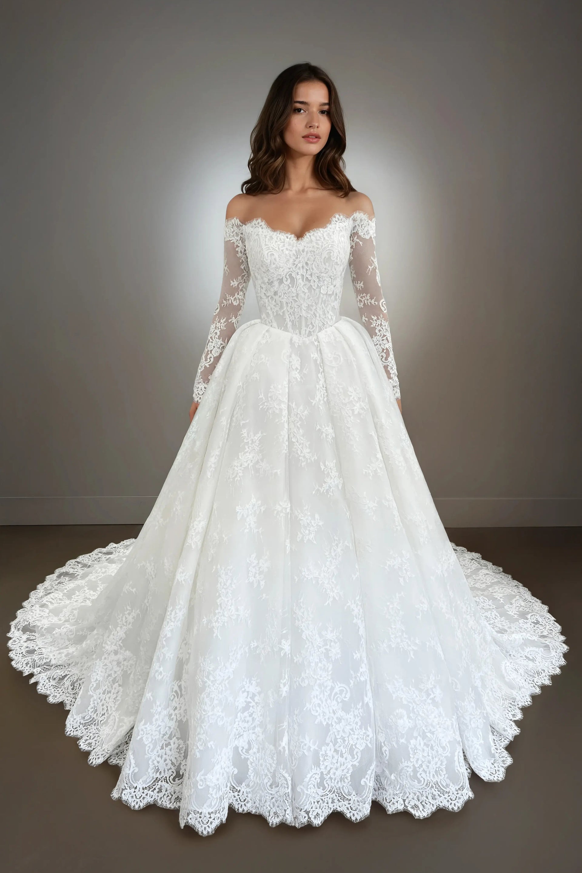 Long Sleeve Lace Ball Gown Wedding Dress - Annabelle