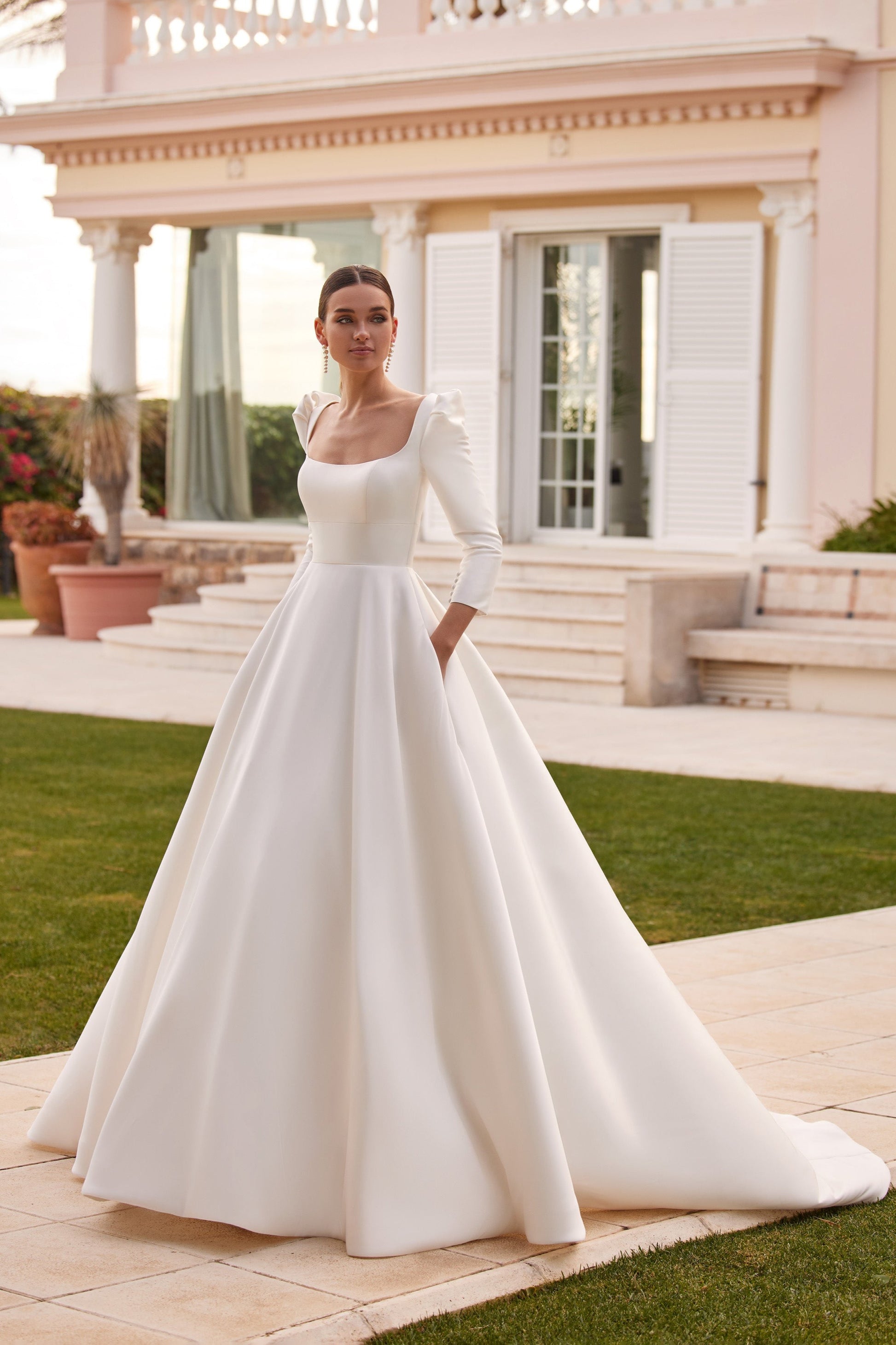 A Line Mikado Wedding Dress With Square Neck - Bertha A Line Mikado Wedding Dress With Square Neck - Bertha