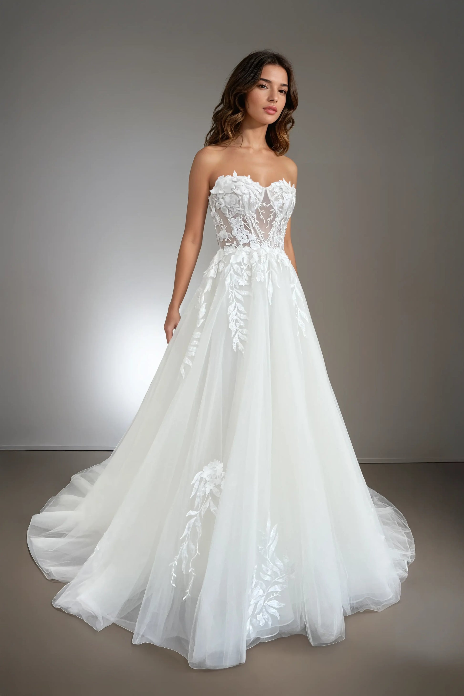 Strapless Floral Lace A-Line Wedding Dress - Daphne Strapless Floral Lace A-Line Wedding Dress - Daphne