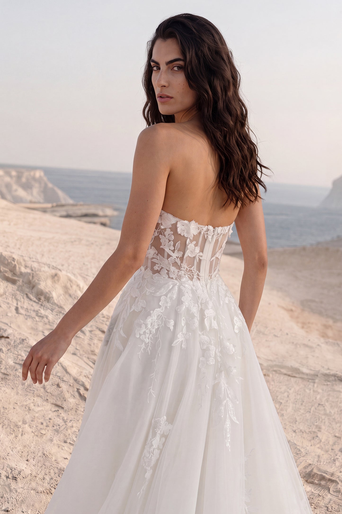 Back view of the Daphne A-line wedding dress featuring a strapless sheer bodice with visible boning and floral lace appliqués cascading down the tulle skirt.