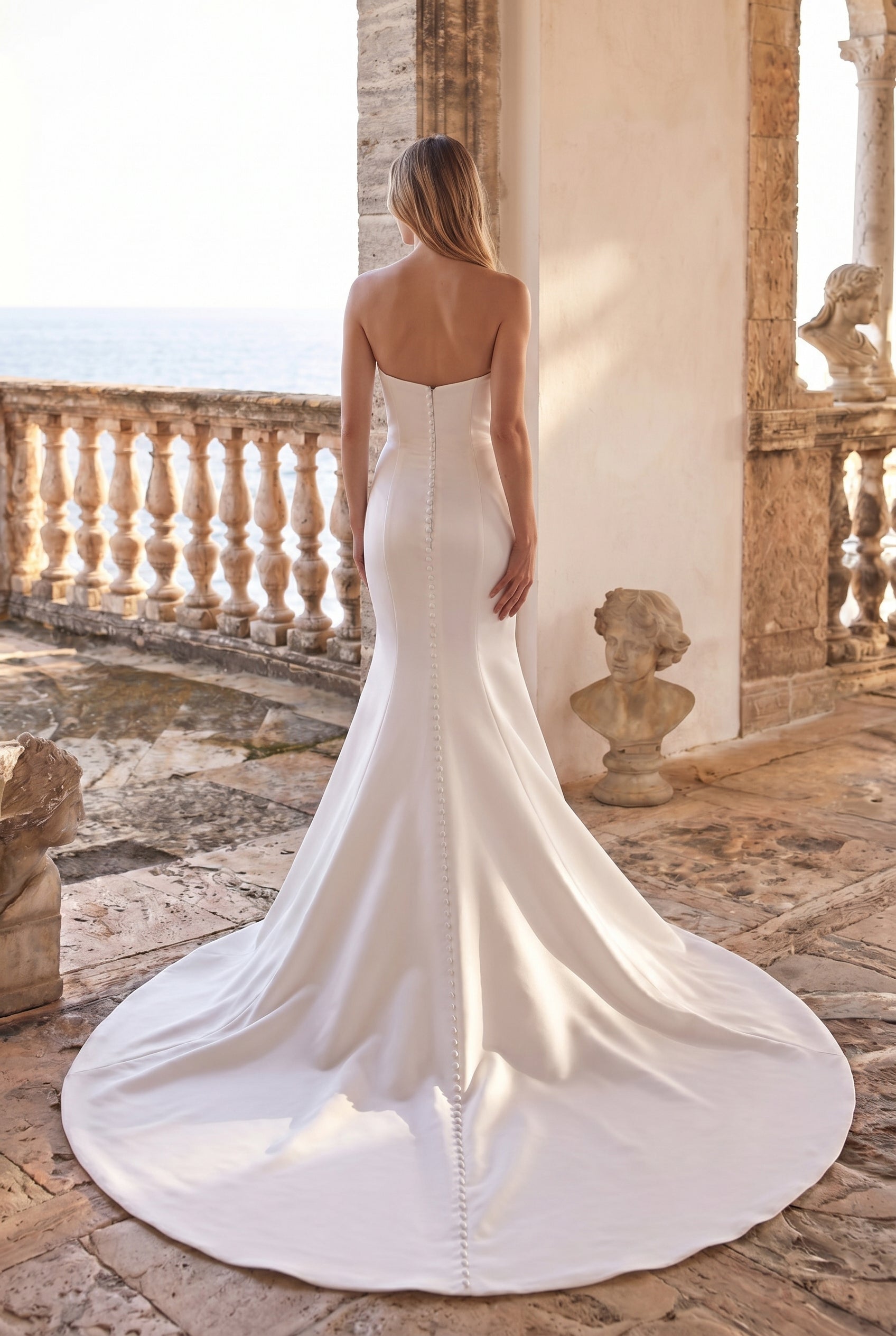 Back view of the Harper wedding dress featuring a strapless neckline, smooth satin fit-and-flare silhouette, and a row of buttons down the back flowing into a cathedral train.