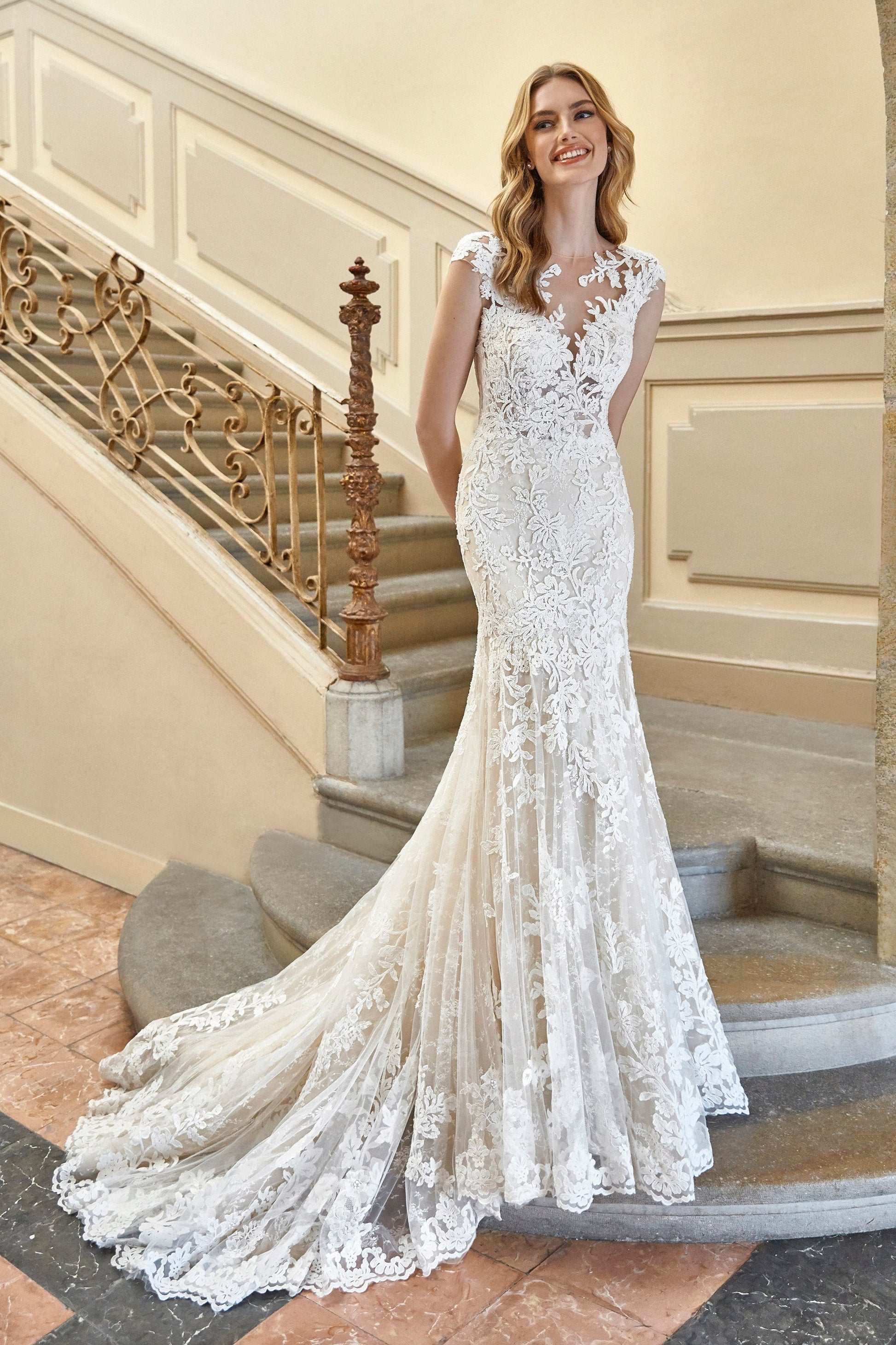 illusion neckline mermaid wedding dress Sparkly Beaded Illusion Plunging Neck Mermaid Wedding Dress
