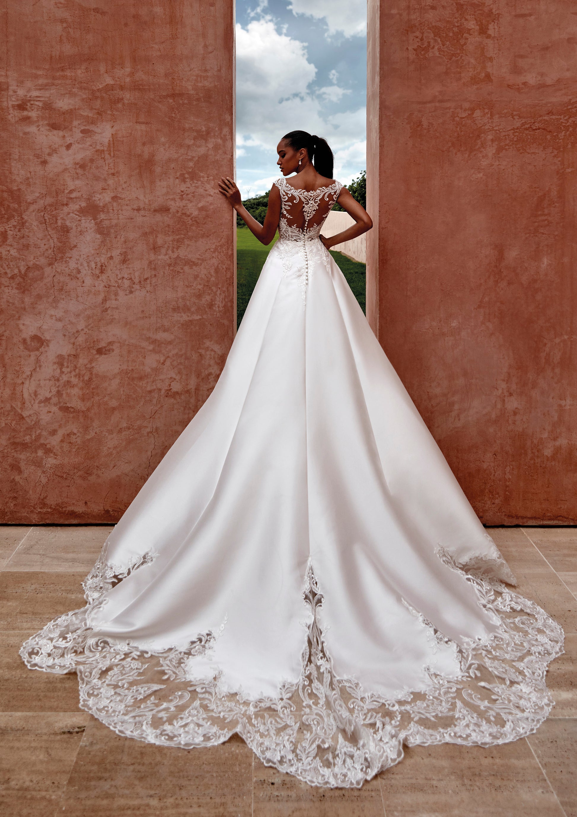 Mikado A Line Wedding Dress With Lace Train - Rosewood Mikado A Line Wedding Dress With Lace Train - Rosewood