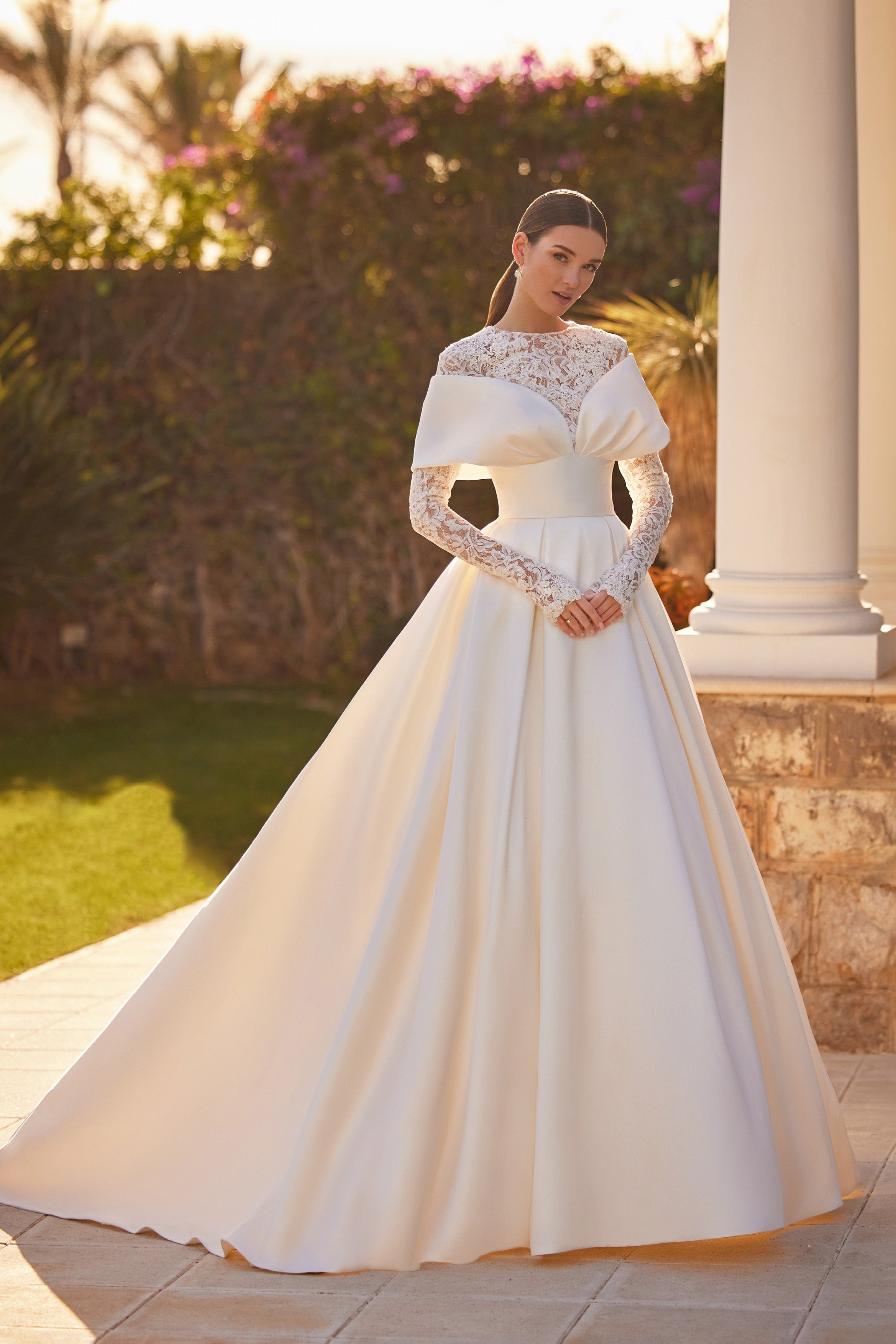 Off The Shoulder Mikado Wedding Dress With Jacket Surrey Krismil Bridal