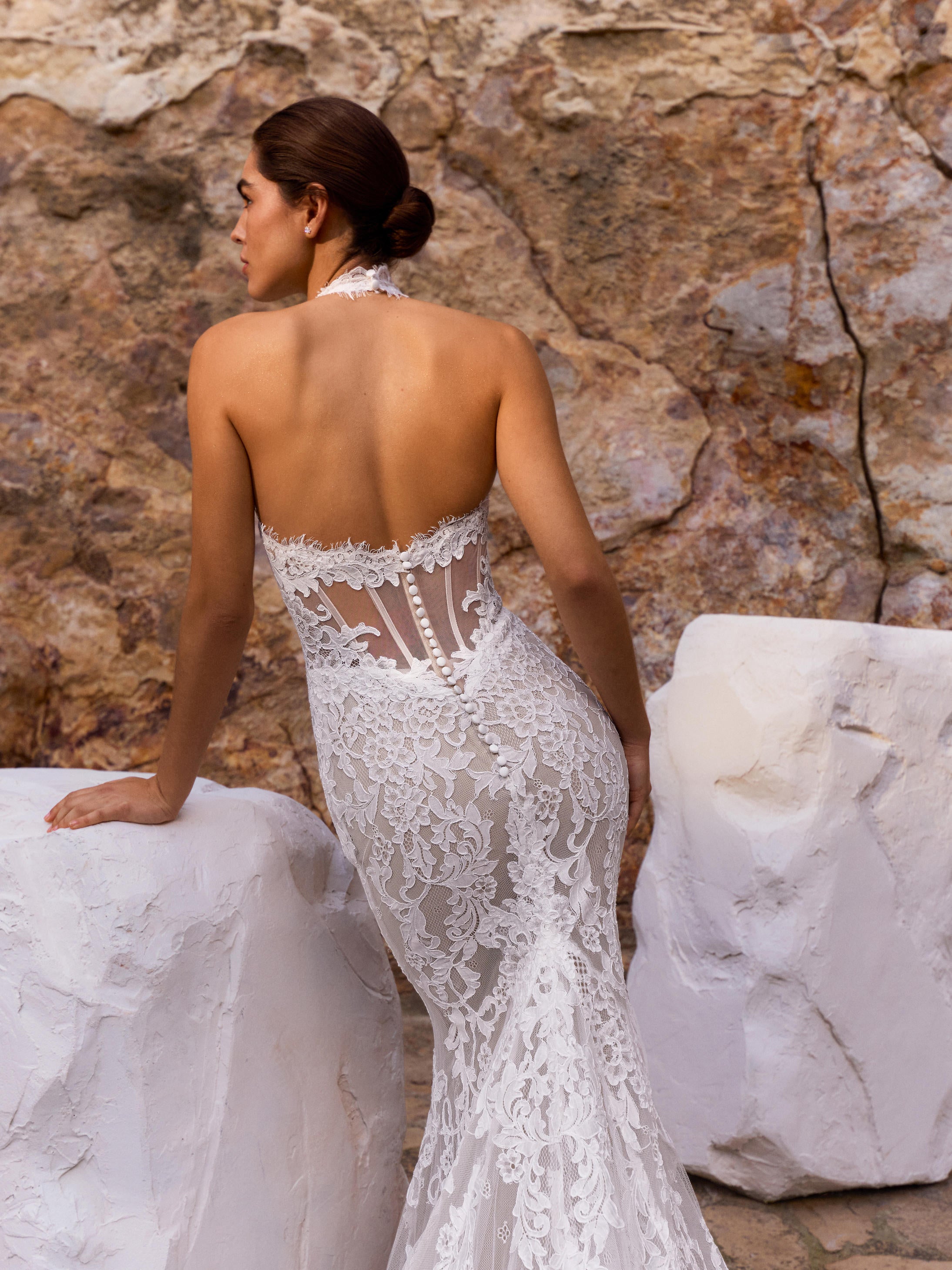 Corded Lace Mermaid Wedding Dress With Halter Neck - Wonia